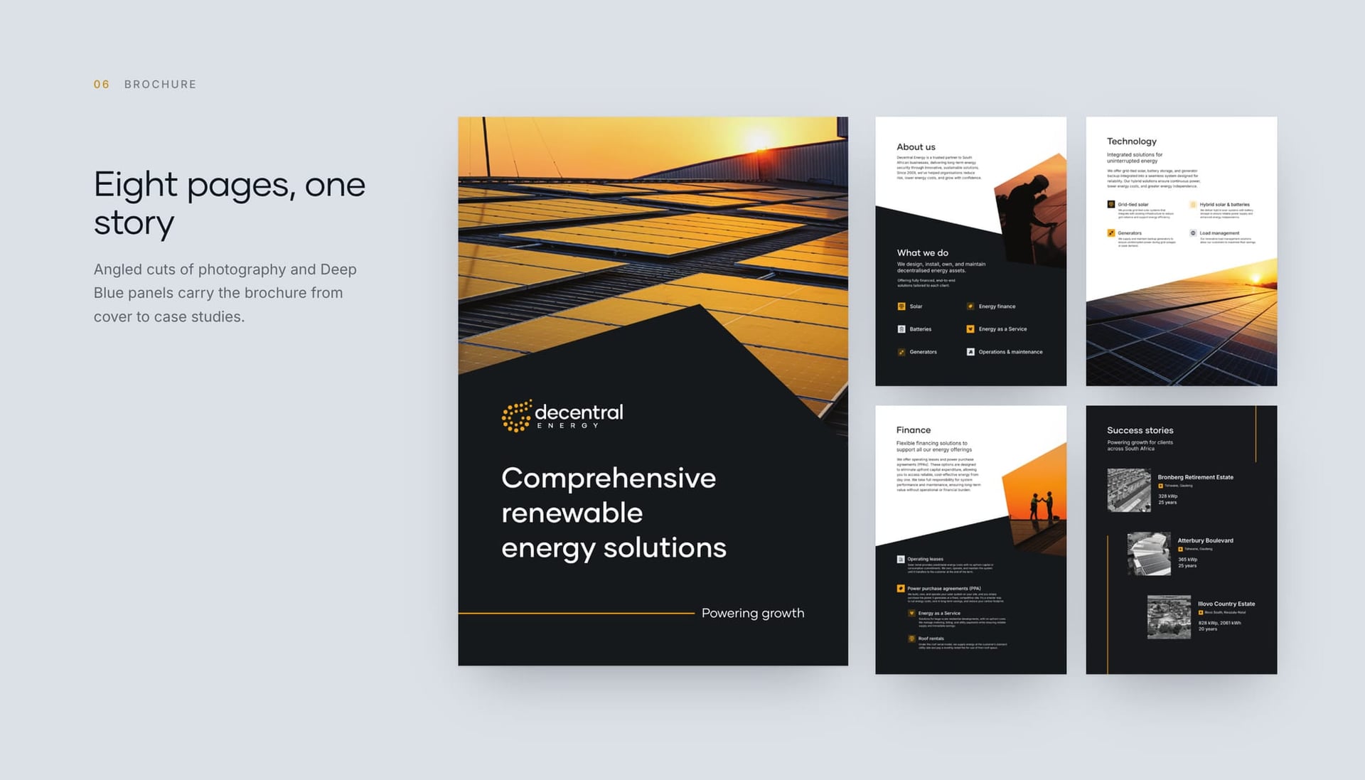 Eight-page brochure spreads with angled photography and Deep Blue panels