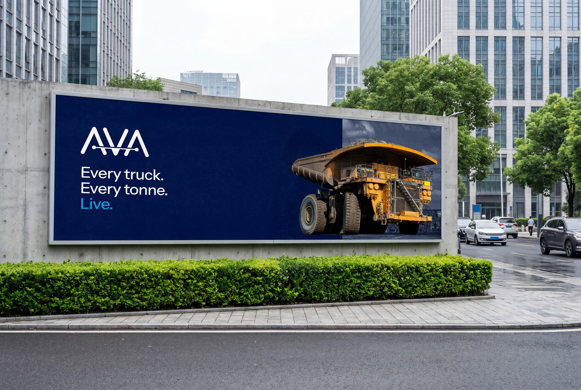 AVA billboard reading Every truck. Every tonne. Live.