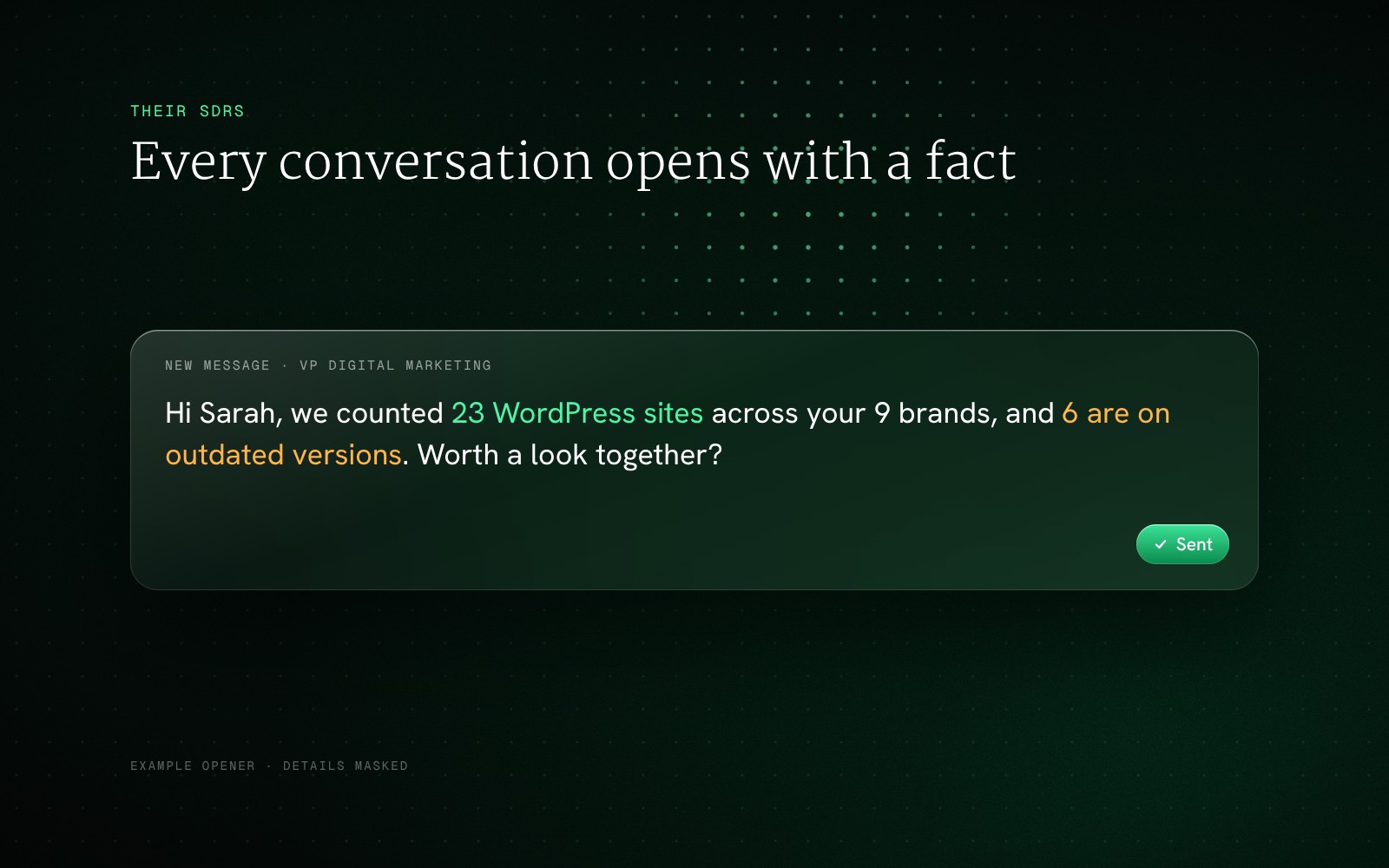 An example SDR opener: we counted 23 WordPress sites across your 9 brands, and 6 are on outdated versions, details masked