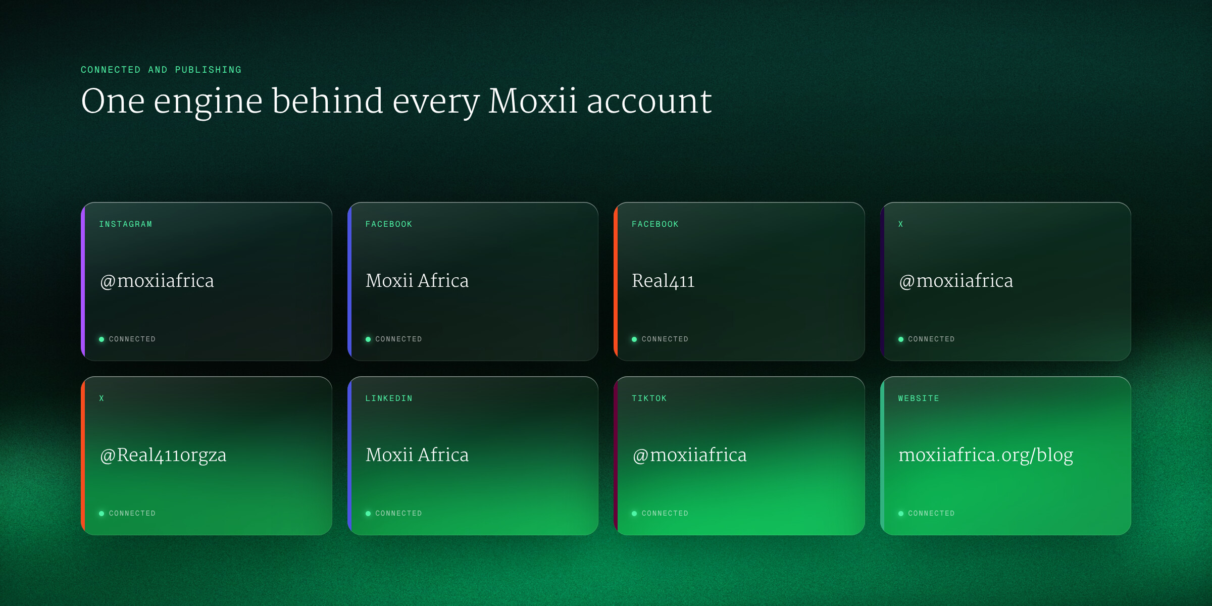 Eight connected accounts: Instagram, Facebook for Moxii and Real411, X for Moxii and Real411, LinkedIn, TikTok and the website blog