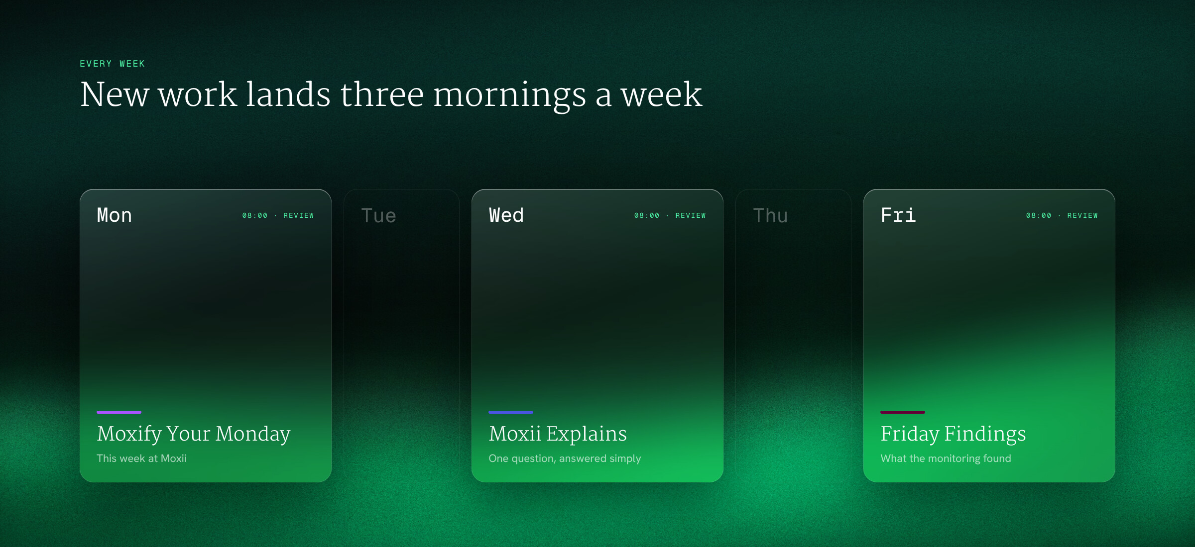 The week: Moxify Your Monday, Moxii Explains midweek and Friday Findings, with review at 08:00 on Monday, Wednesday and Friday