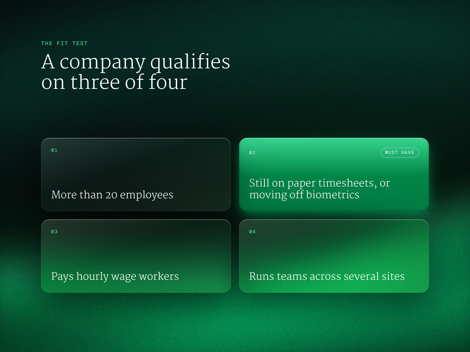 The fit test: more than 20 employees, paper timesheets (required), hourly workers, several sites. A company qualifies on three of four